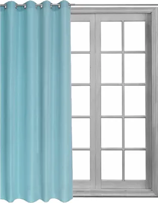 A light blue curtain is shown hanging next to a window with multiple panes.