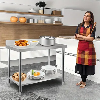 Immagine prodotto di Tavolo da lavoro in acciaio inossidabile - Banco da lavoro per cucina - Tavolo pieghevole - Piano di lavoro - Tavolo in acciaio inossidabile - Gambe regolabili - 100x60x85 cm