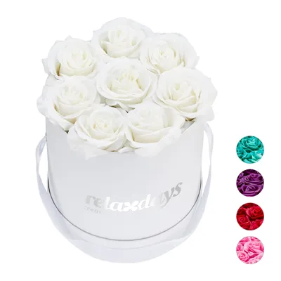 Produktbild von relaxdays Weiße Rosenbox rund mit 8 Rosen