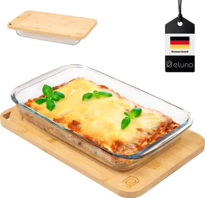 Immagine prodotto di casseruola rettangolare in vetro bremermann con coperchio in bambù