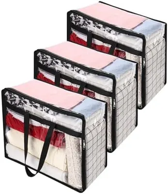 Produktbild von 3 Stück Transparente Plastik Aufbewahrungstasche,Kleidung Aufbewahrung,40L Organizer Aufbewahrungsbox,mit Reißverschlüssen Griff,für Bettdecken,Kleidung,Bettwäsche,für Umzug,Wasserabweisend