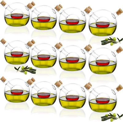 Produktbild von com-four® 12x Öl- und Essigflasche mit Korken - leere 2 in 1 Glaskaraffe zum Befüllen - edle Glasflasche mit Einsatz und 2 Öffnungen 42 ml, 300 ml - Öl- und Essigspender Ø 10 cm