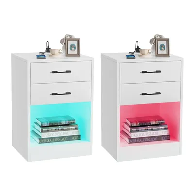Produktbild von 2er Set LED Nachttisch mit Steckdose & USB, 2 Schubladen mit Led Licht 16 Farben Beleuchtung Beistelltisch für Schlafzimmer,Weiß
