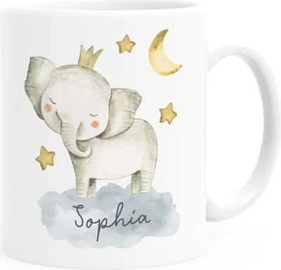Produktbild von Kinder-Tasse Kunststoff Tier-Motive Nashorn Löwe Elefant personalisierte Namenstasse für Jungen und Mädchen SpecialMe® Elefant weiß Kunstoff-Tasse