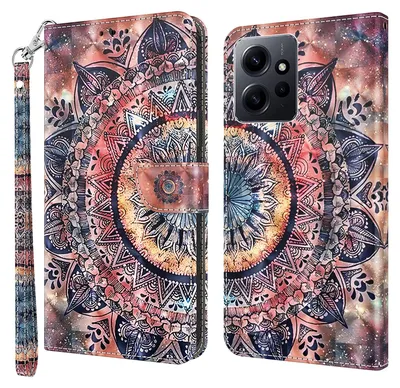 Produktbild von CLM-Tech Hülle kompatibel mit Xiaomi Redmi Note 12 4G - Tasche aus Kunstleder - Klapphülle mit Ständer und Kartenfächern, Malerei Kreisel Blume bunt