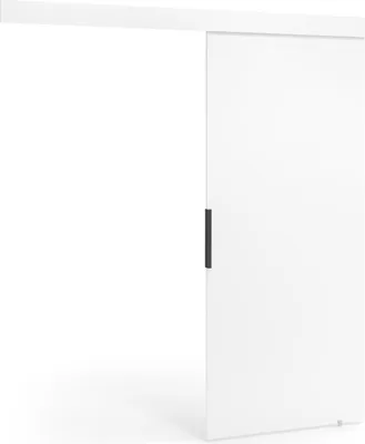 A white sliding door with a black handle is shown against a white background.