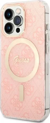 A pink iPhone case with a gold Guess logo and MagSafe ring.