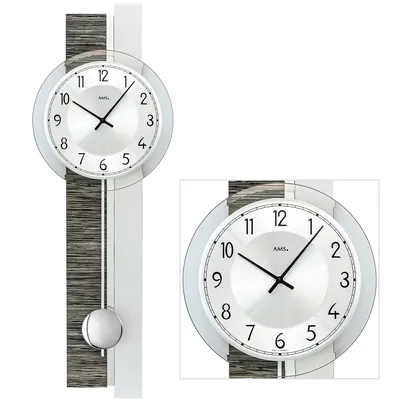 Produktbild von AMS 7439 Wanduhr Quarz mit Pendel silbern grau Holz Optik Pendeluhr mit Glas