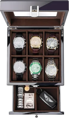 Produktbild von Holzuhrenbox für 6 Uhren, schwarz, mit Glasdeckel und zwei Ebenen