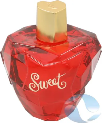 A red heart-shaped perfume bottle with a gold cap.
