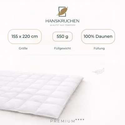 Produktbild von HANSKRUCHEN Daunendecke 155x220 cm Leicht 100% Daunen waschbar Allergiker Decke atmungsaktiv Bettdecke weiß