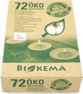 Produktbild von 100% ÖKO-TEELICHTER aus regionaler Bio-Masse, BIOKEMA, Ø38 mm, Brenndauer ca. 4h, ohne Aluminiumhülle, 72 Stück pro Verpackung