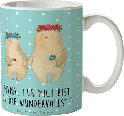 Produktbild von Mr. & Mrs. Panda Tasse Bären mit Blumenkranz - Türkis Pastell - Geschenk, Kaffeebecher, Becher, Familie, Vatertag, Mama, Bär, Family, Kaffeetasse, Keramiktasse, Pott