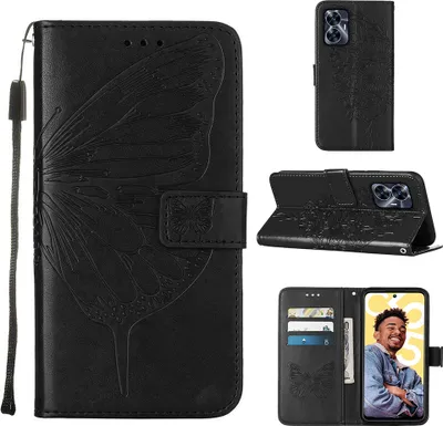Produktbild von Lederhülle für Realme C55 Schmetterling Prägung Flip Ledertasche Kartenfächer Handyhülle mit Ständer Schwarz