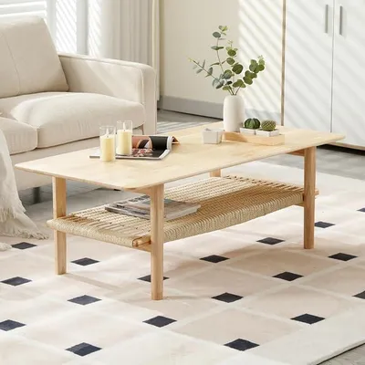 Imagen del producto de Mesa de centro de madera, mesa auxiliar para el salón con estantes, madera natural