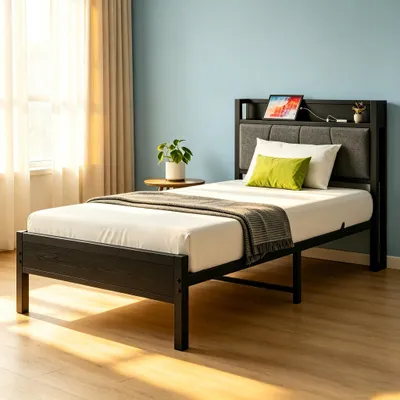 Produktbild von STILVORA Polsterbett Metallbett Kopfteil mit Steckdose, Bettgestell Jugendbett mit 2 USB-Ladeanschlüssen, 27 cm Bodenfreiheit,140x200 cm,ohne Matratze