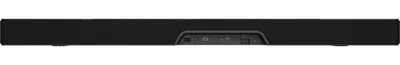 The back of a black soundbar is shown against a white background.