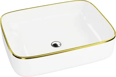 Produktbild von LAVITA Aufsatzwaschtisch Galera Gold Line| Aufsatzwaschbecken Rechteckig | Waschbecken Ohne Überlauf und Hahnloch | Aus hochwertigem Porzellan | Waschtisch | 50,5x40x14 cm | Weiß/Gold
