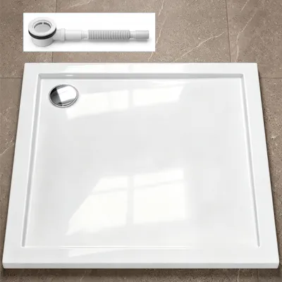 Produktbild von doporro Duschtasse Duschwanne 90x90x4 flach inkl. Ablaufgarnitur AL01 aus Acryl in Weiß DIN-Anschlüsse noedenebene Montage geeignet Faro1