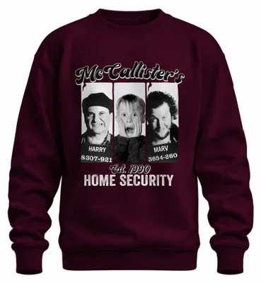 Imagen del producto de Suéter navideño uni "McCallister's Home Security", diseño de Harry, Marv y Kevin, color burdeos, talla XL