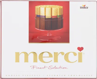 Produktbild von merci Finest Selection 250 g, 250 g, Sortiert, Zutaten je nach Sorte: Zucker, Kakaobutter, Kakaomasse, VOLLMILCHPULVER, pflanzliche Fette (Palm,..., 562 kcal, 2340 kJ, 36,3 g