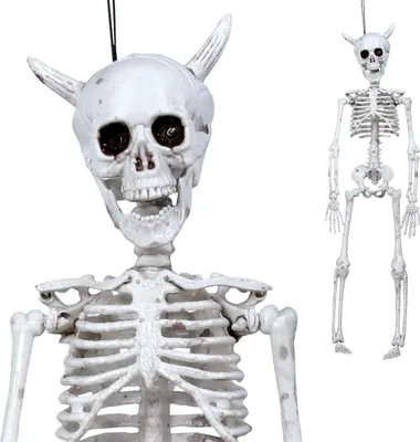 Produktbild von Skelett Halloween Hängefigur Deko Teufel Schädel Horn Geisterparty Gruselig Unheilvolle Atmosphäre, Farbe: Weiß
