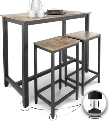 Produktbild von MIADOMODO® Stehtisch Set – 120 x 60 x 90 cm, mit 2 Barhockern, Metallgestell , Vintagebraun/Schwarz, MDF, Industrie Design – Tresentisch, Bistrotisch, Küchentresen, Bartisch, Rustikales, Küchentisch