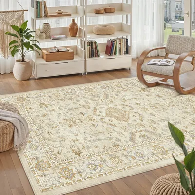 Produktbild von Omgoods – Beiges Wohnzimmerteppich – 120 x 170 cm – Vintage-Stil – Rutschfest und waschbar