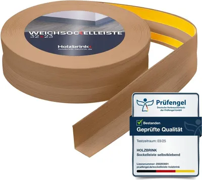 A roll of brown self-adhesive skirting board with a section unrolled and bent into a corner, next to a quality certification badge.
