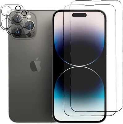 A product shot of an iPhone 14 Pro with screen protectors and camera lens protectors.