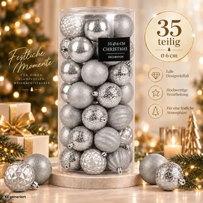 Produktbild von Weihnachtskugeln Silber 35 Stück Ø 6 cm – Bruchsichere, edle Christbaumkugeln in matt, glänzend & glitzernd – Weihnachtsdeko Set, KI-generiertes Bild
