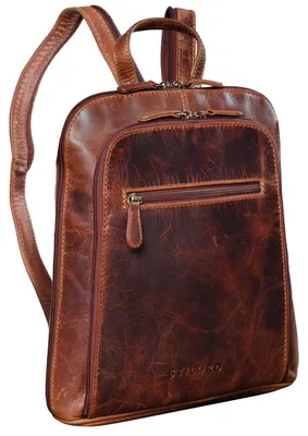 Imagen del producto de Mochila de cuero color coñac para mujer de la marca STILORD - Mochila de estilo vintage para uso diario - Mochila para mujer