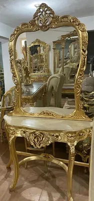 Image de Casa Padrino Console baroque avec plateau en marbre doré / crème - Console baroque avec miroir fait main - Meubles baroques - Noble et somptueux