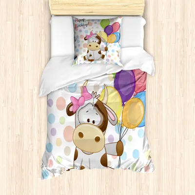 Produktbild von ABAKUHAUS Geburtstag Mantele, Baby-Kuh und Ballone, Milbensicher Allergiker geeignet mit Kissenbezügen, 135 cm x 200 cm - 80 x 80 cm, Mehrfarbig