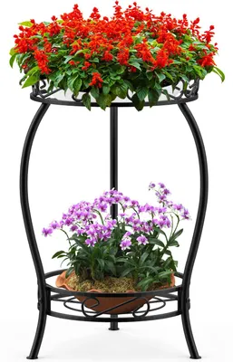 Produktbild von Metall-Pflanzenständer, 48 cm hoher Blumenständer, 2-stöckiger Blumentopfständer, für drinnen und draußen geeignet, schwarz