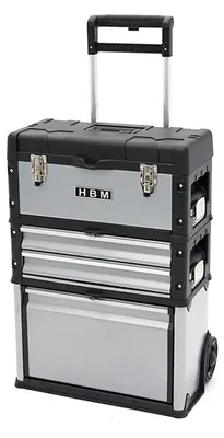 Immagine prodotto di Set di scatole, set di cassette degli attrezzi su ruote, pratico e spazioso, resistente ai danni, materiale robusto, struttura modulare, 3 pezzi cassettiere portautensili modulari in acciaio con ruote e maniglia telescopica, Hbm