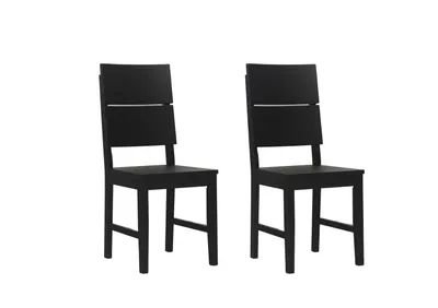 Two black wooden chairs are shown against a white background.