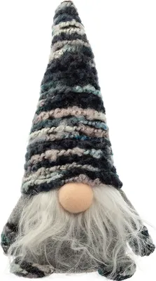 A gnome figurine with a striped hat and a long white beard.