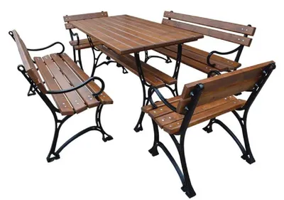 Immagine prodotto di Casa Padrino Set di mobili da giardino in stile liberty Tavolo 2 panche 2 sedie con braccioli marrone/nero 150 cm - Mobili da giardino