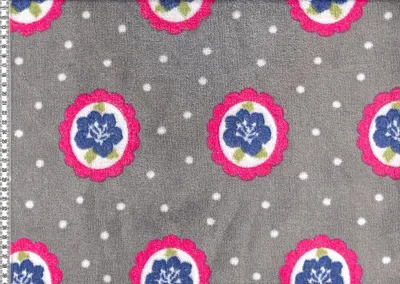 Produktbild von Wellness Meterware Fleece Blume in Kreis Punkte grau weiß pink blau
