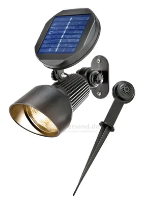 A solar-powered spotlight with a ground stake, shown against a white background.