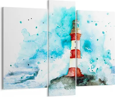 Produktbild von Bild auf Leinwand - Leinwandbild - Leuchtturm Wasser Illustration Welle - 95x80cm - Wand Bild - Wanddeko - Leinwanddruck - Bilder - Kunstdruck - Leinwand bilder - Wandkunst - CB95x80-2939