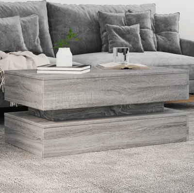 A modern living room setting with a gray couch and a gray coffee table.
