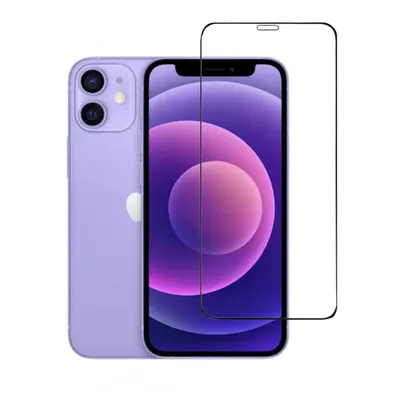 A purple iPhone 12 mini and a screen protector are shown against a white background.