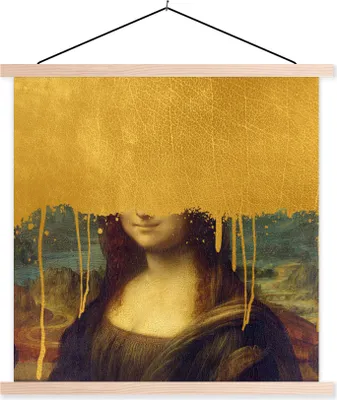 Produktbild von MuchoWow® Textilposter Mona Lisa - Gold - Da Vinci 120x120 cm mit holzfarbenen Rahmen - Textil-Poster