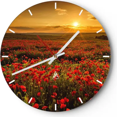 Produktbild von Wanduhr - Rund - Glasuhr - Mohn Blume Wiese - 40x40cm - Schleichendes Uhrwerk - Lautlos - zum Aufhängen bereit - Dekoration Modern - Wanddekoration aus Glas - C3AR40x40-3643