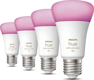 Produktbild von Philips HUE White AND Colour AMB. 6.5W E27 2000K 4PACK LED-Lampe, Sockel E27, 6,5 Watt, wechselnde Farben, 2000 K, Energieeffizienzklasse F, dimmbar, Amazon Alexa / Apple HomeKit / Google Home,7kWh/1000h