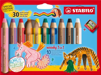 Produktbild von STABILO Farbstifte woody 3 in 1 10er Etui - Jubiläumsedition – 10 Farben inkl. Spitzer | Multitalent-Farbstift