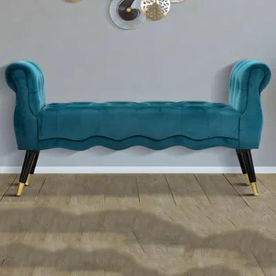 Produktbild von Humahu - Bank, 120x40x60h cm, Petrolblau, Samt, mit Armlehnen, Gold-Details