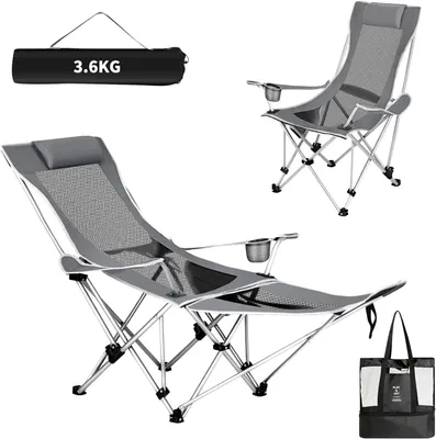 Imagen del producto de Silla de camping plegable, 2 en 1, tipo silla de pesca, con capacidad de hasta 120 kg, con respaldo ajustable y reposapiés, ideal para jardín y